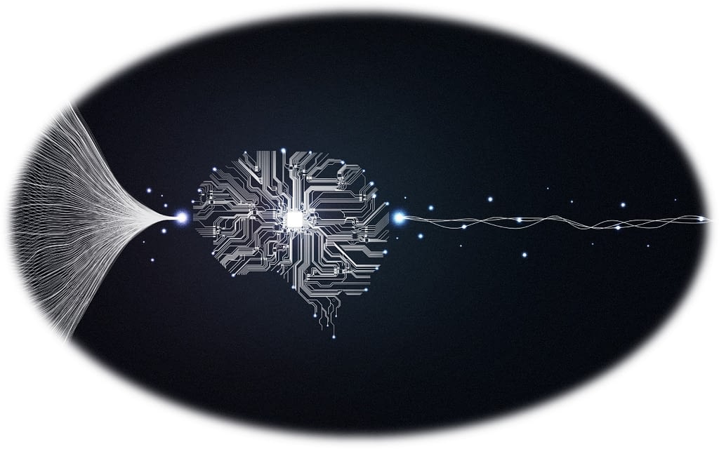 Image showing massive amounts of data streaming into a digital replica of a human brain as a circuit board which is culling and streaming refined data outward.